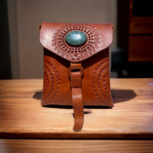 Leather Purse with Jade stone - Small - Guatemalan