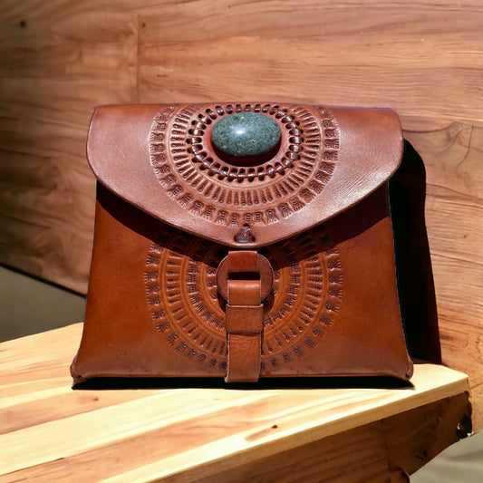 Leather Purse with Jade stone - Large - Guatemalan